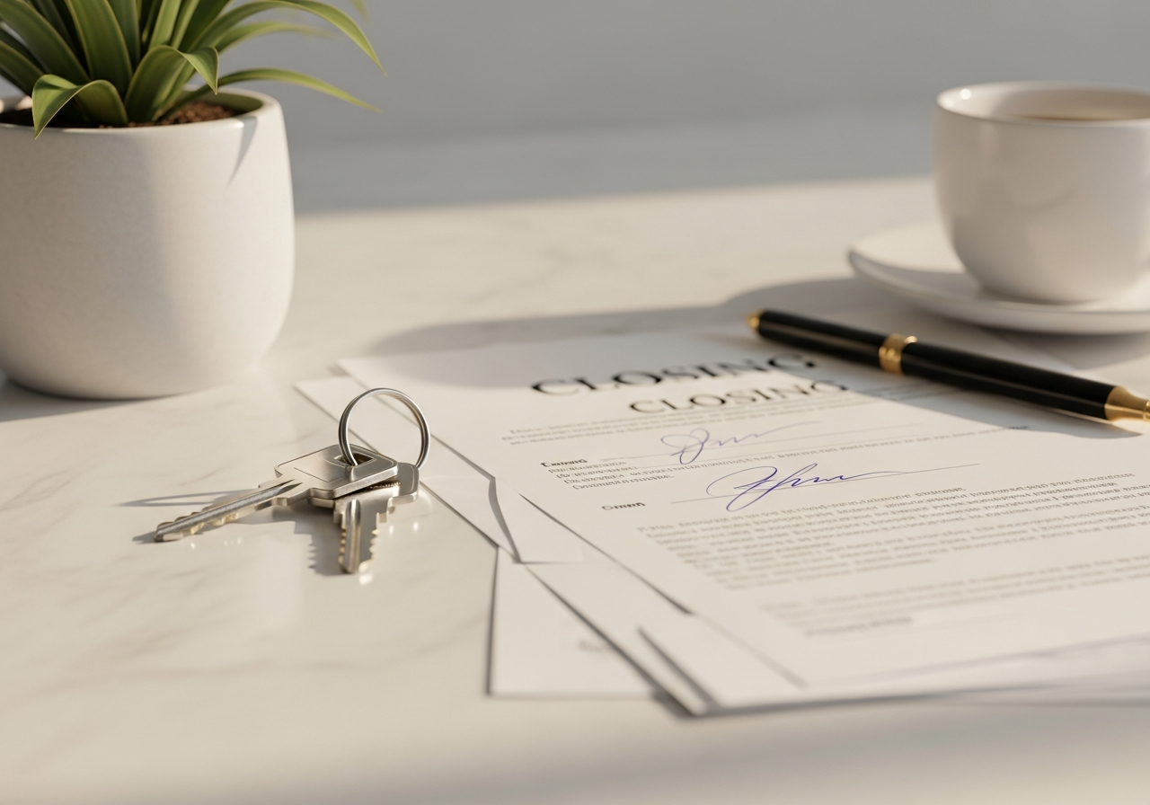 House keys and signed closing documents on marble table
