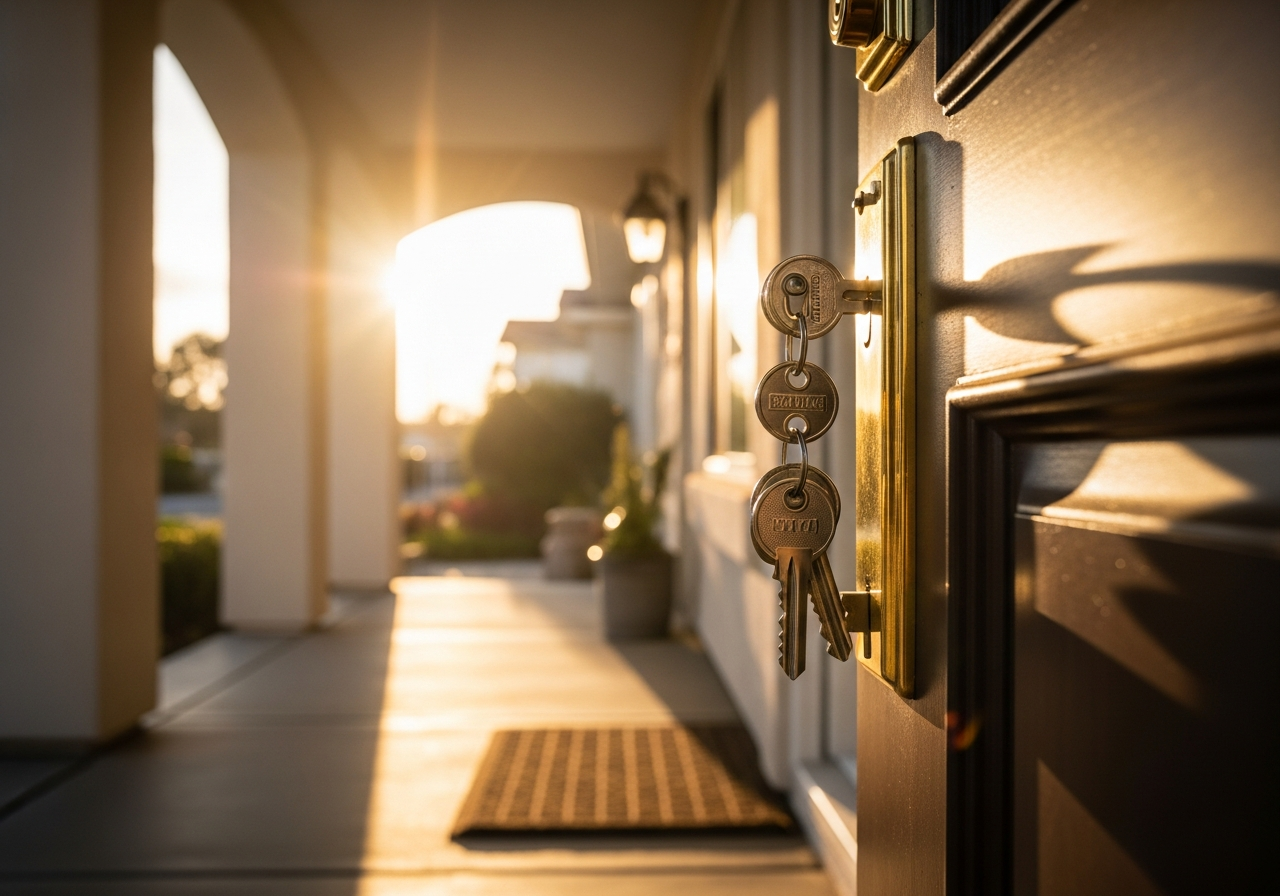 California home front door with keys at golden hour